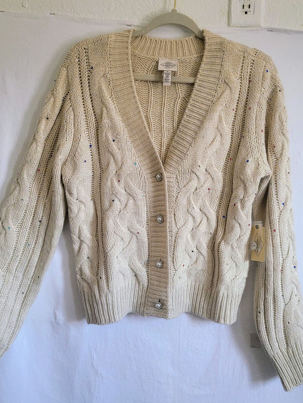 St. Jhon's Bay.. Cozy Cable Knit Button-Front Sweater - Cream, Jewel Buttons.